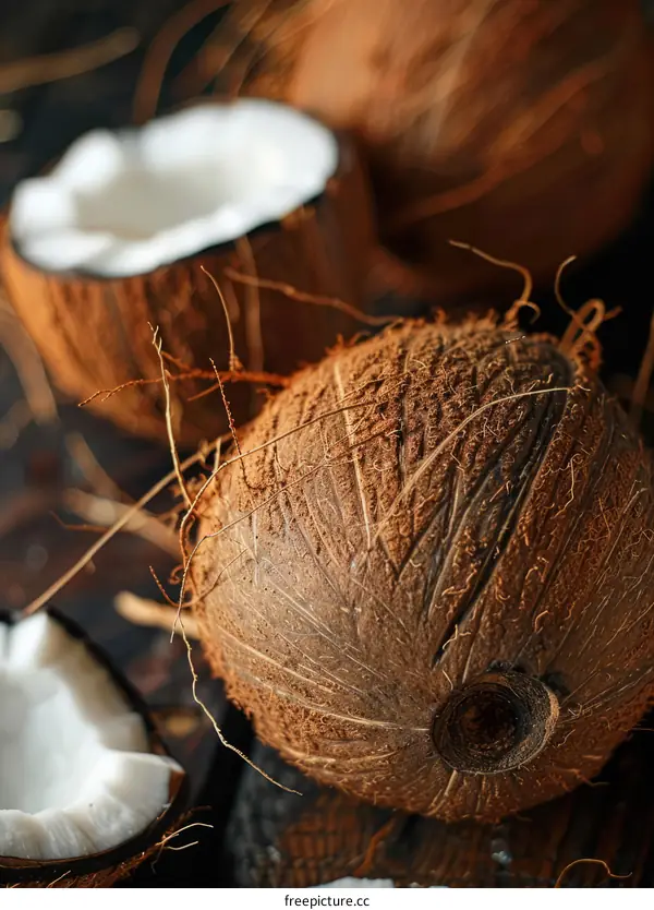 A coconut on a wooden table