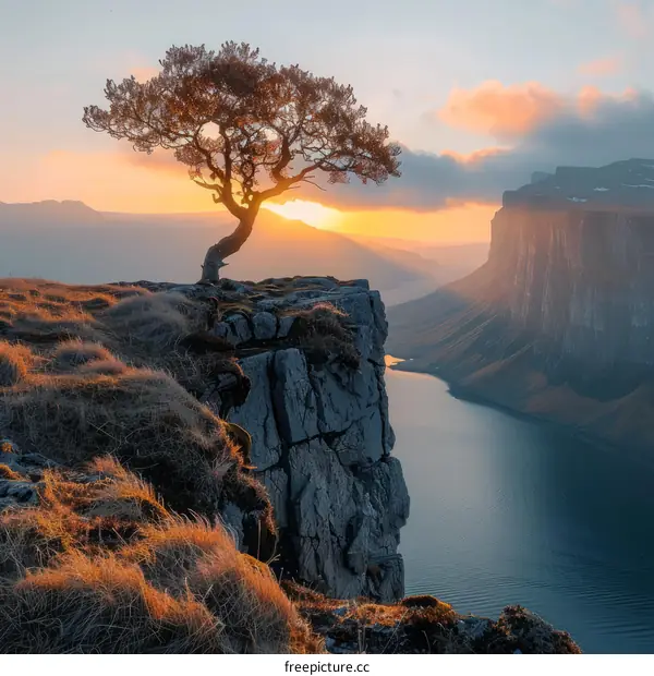 Lonely tree on a cliff overlooking a fjord in Norway