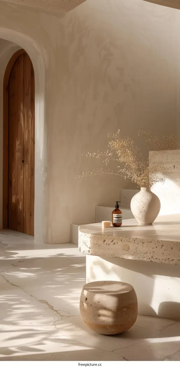 Dried flowers in a vase on a marble table