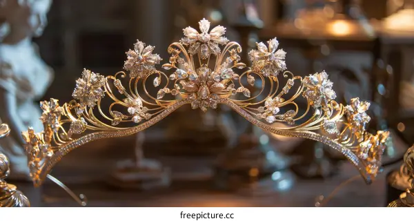 A golden tiara adorned with diamonds and gemstones