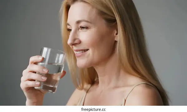 Mature Woman Holding Glass of Water and Smiling