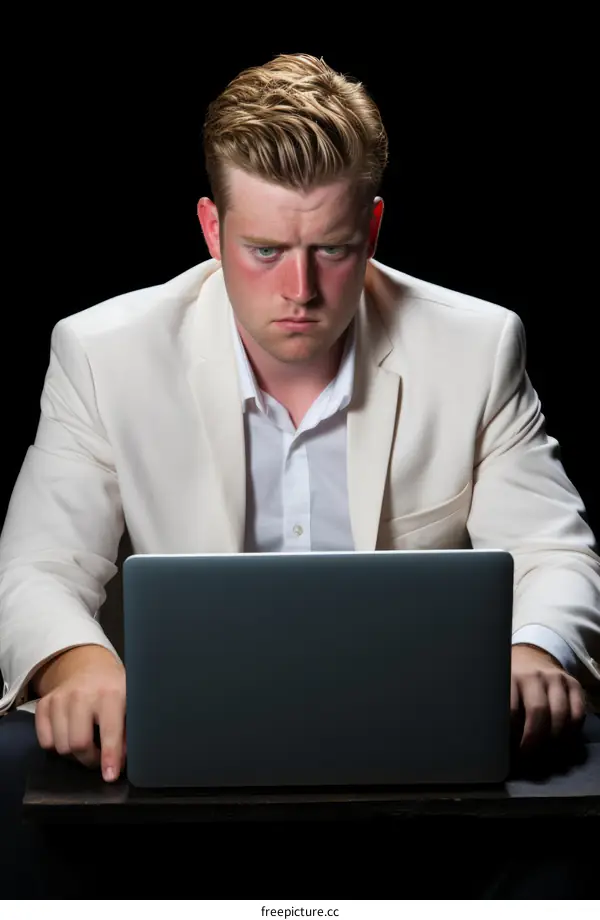 A young man in a white suit is looking at his laptop with a serious expression.