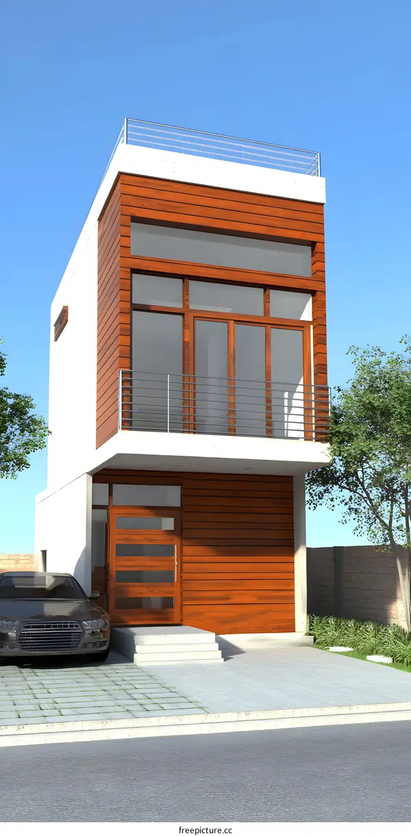 Modern House with Wooden Facade and Balcony
