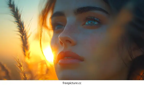 Woman with Freckles Looking at Sunset