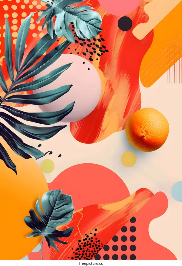 Abstract Tropical Leaves and Orange Fruit Collage