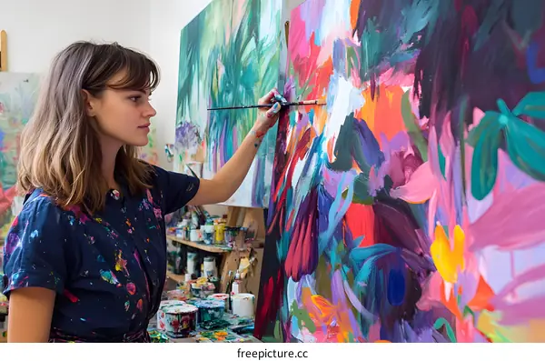 Woman Artist Painting Abstract Artwork in Studio