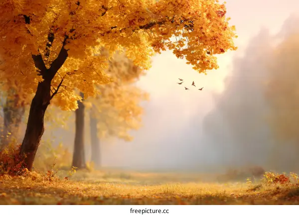 Autumnal Golden Trees in a Misty Forest