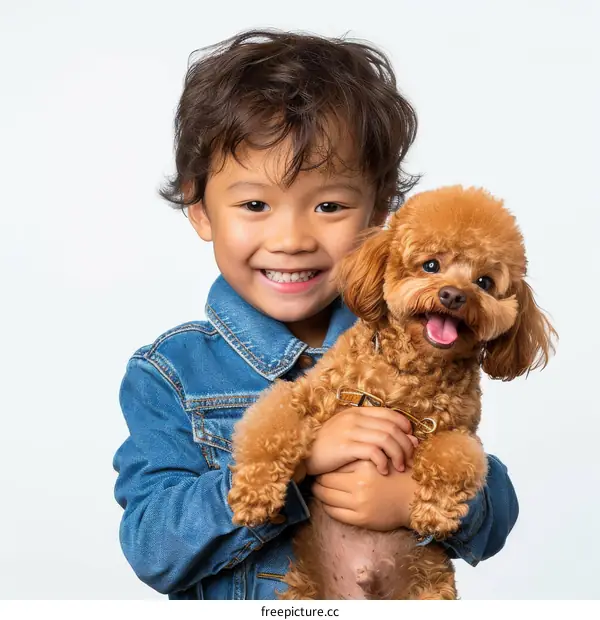 A smiling boy hugging a brown toy poodle