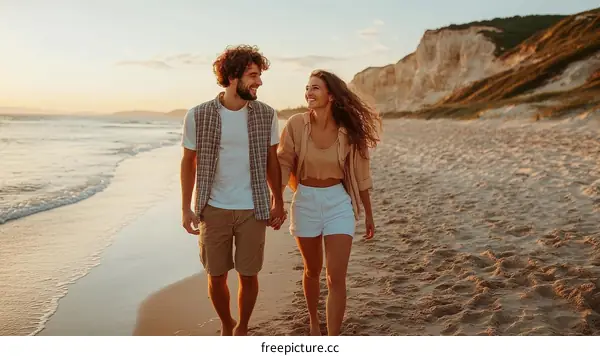 Couple Walking on Beach at Sunset