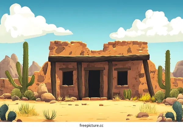 Old Abandoned Western House Desert Landscape Illustration