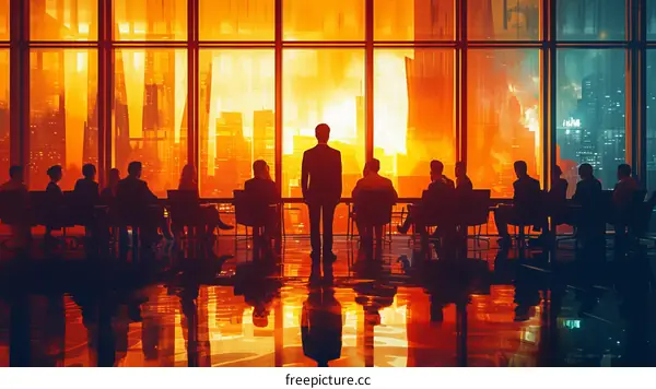 Business professionals in a modern office space with an urban cityscape view