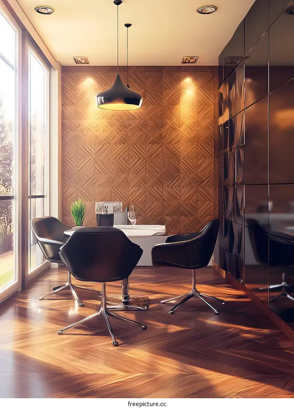 Modern Interior Design with Black Leather Chairs and Wood Paneling