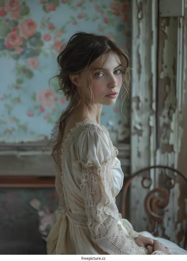 Portrait of a young woman in a vintage dress