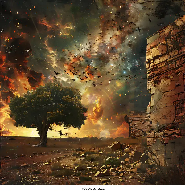 Surreal Landscape with Tree and Broken Wall