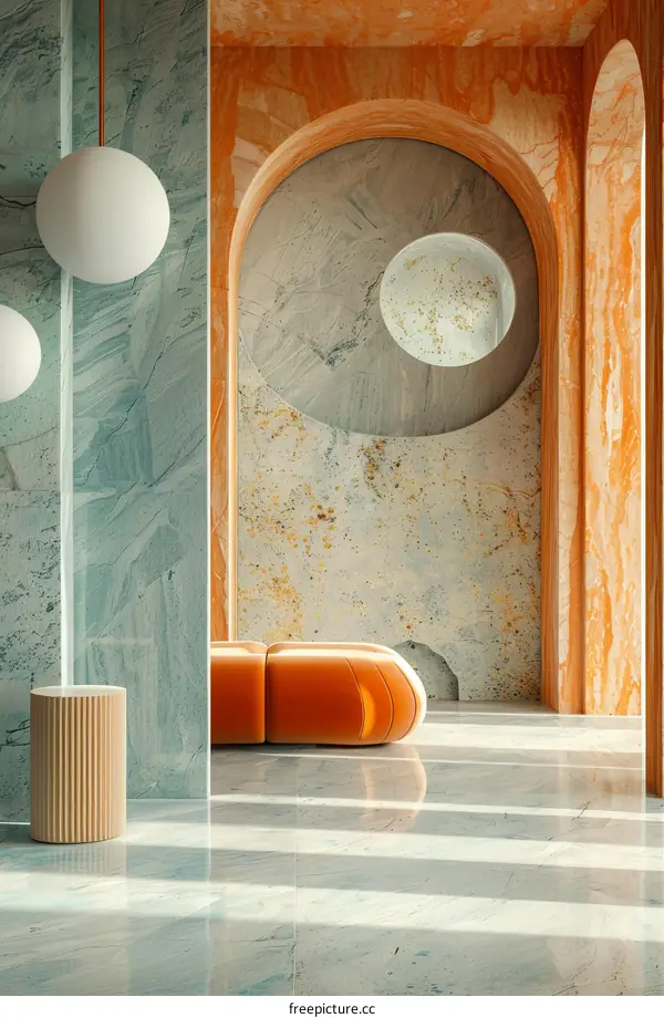 Modern Interior Design with Orange Sofa and Marble Walls
