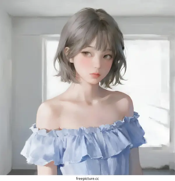 Portrait of Young Woman with Gray Bob Hair in Blue Off-shoulder Dress