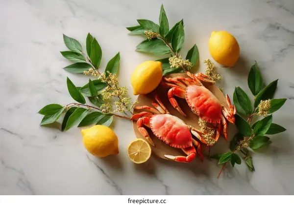 Fresh Crab Seafood Still Life with Lemon and Greens