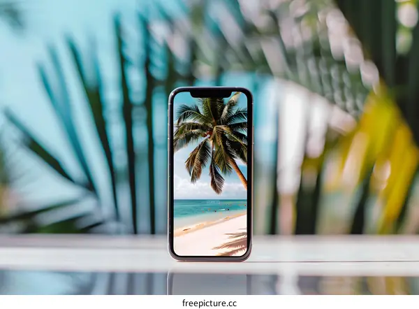 Smartphone displaying beach palm tree background