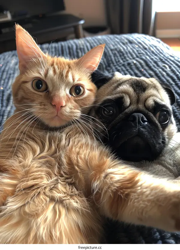 An orange cat and a pug are lying on a bed and looking at the camera.
