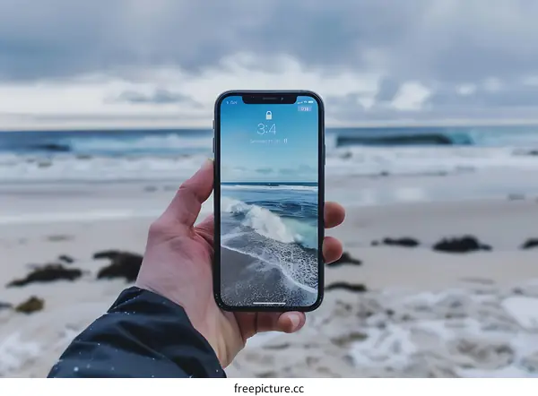 Hand Holding Smartphone With Beach Image on Screen