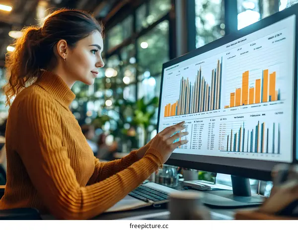 Businesswoman Analyzing Financial Data on Computer Screen
