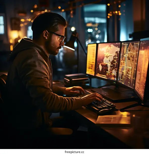 A malevolent hacker in front of multiple monitors