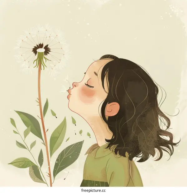 Girl Blowing Dandelion Seeds in Nature