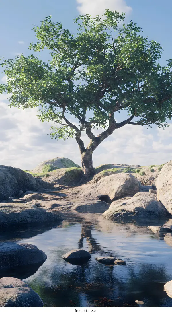Solitary Tree on a Rocky Shore with a Reflection in the Water
