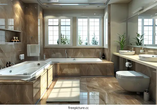 Luxury Marble Bathroom with Freestanding Tub, Vanity & Shower