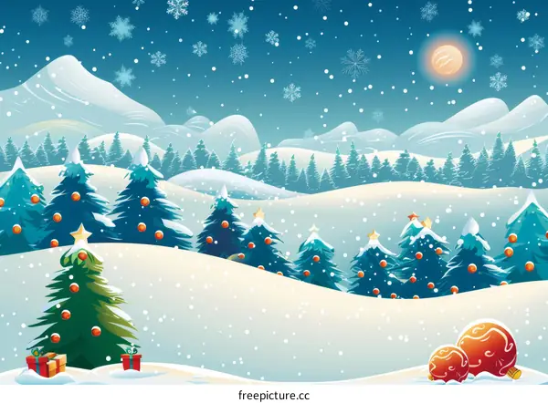 Christmas Night in Fantasy Winter Forest Scene with Christmas Tree