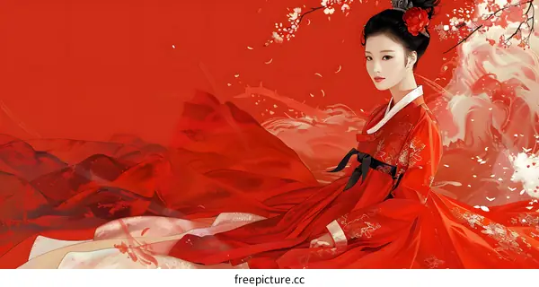 A beautiful painting of a woman in a red dress sitting on a red background