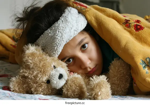 Sick Child with Teddy Bear Under a Blanket