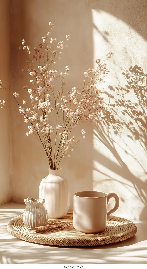 Dried Flower Arrangement in Vase With Coffee Mug