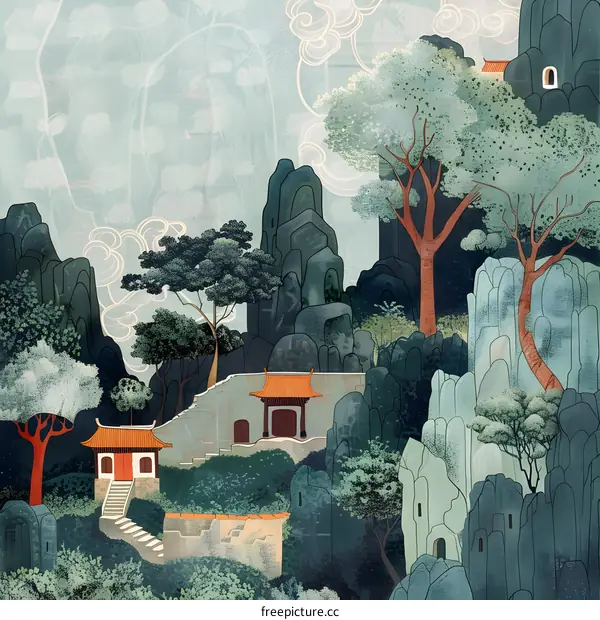 Traditional Chinese Landscape Painting with Mountains, Trees, and a Pagoda