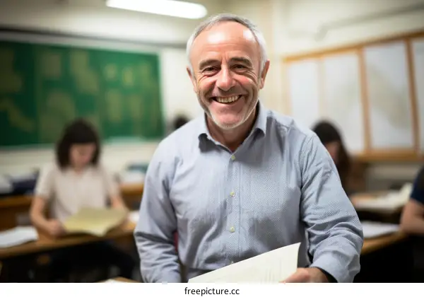 Portrait of a smiling mature male teacher in a classroom