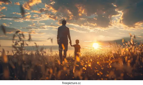 Father and Son Holding Hands in Wheat Field at Sunset