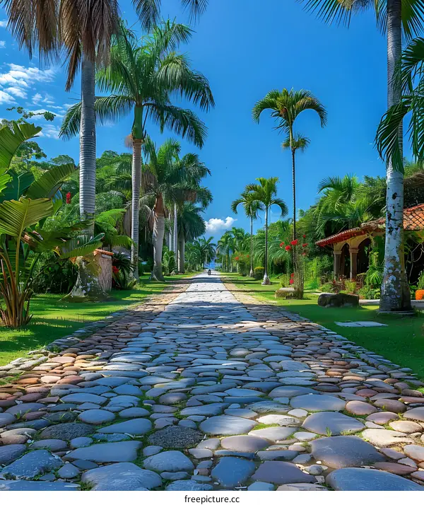cobblestone path in a tropical garden