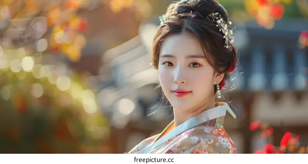 Portrait of a young Korean woman in traditional Korean dress, or Hanbok