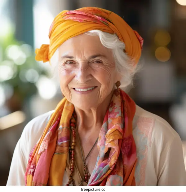 Portrait of a smiling elderly woman wearing a yellow headscarf and a floral scarf around her neck