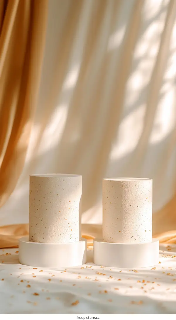 Creamy Beige Cylindrical Objects on White Pedestals with Gold Glitter