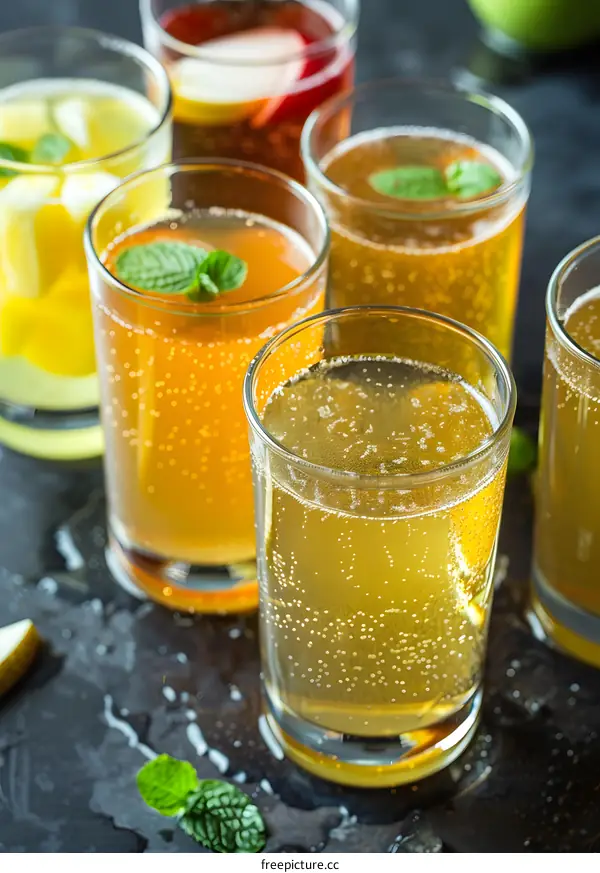 Close Up Of Refreshing Summer Drinks In Glasses