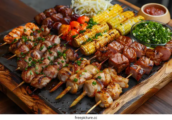 Grilled meat and vegetables on skewers