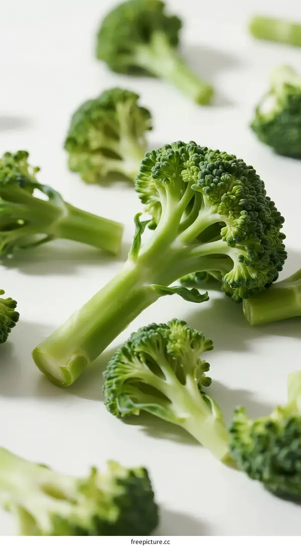 Fresh green broccoli florets arranged on white background
