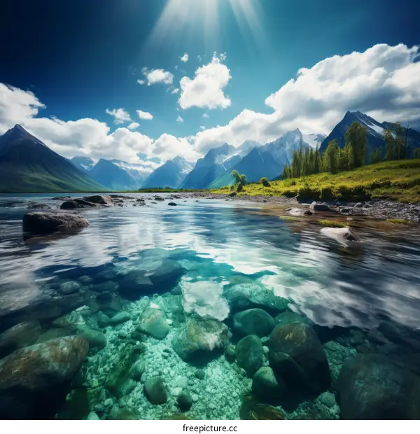 The crystal clear water of a mountain lake with a beautiful landscape of snow-capped mountains and green hills