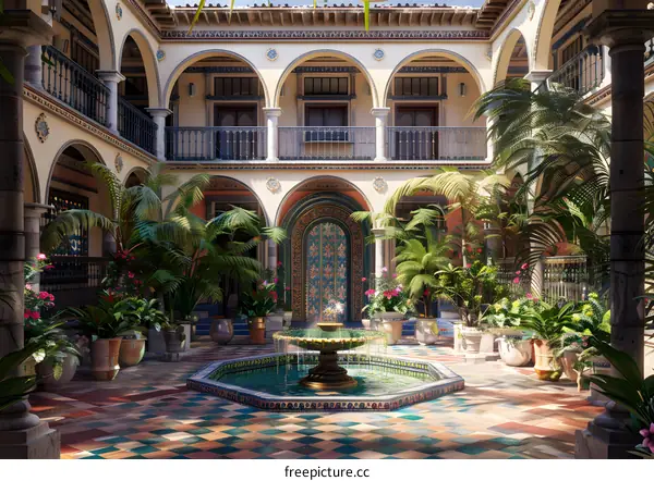 Spanish Style Courtyard With Lush Greenery and a Beautiful Fountain