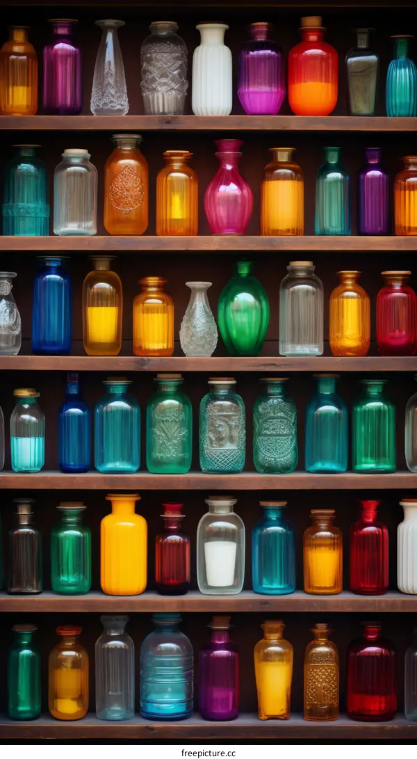 Colorful Glass Bottles and Jars on a Wooden Shelf