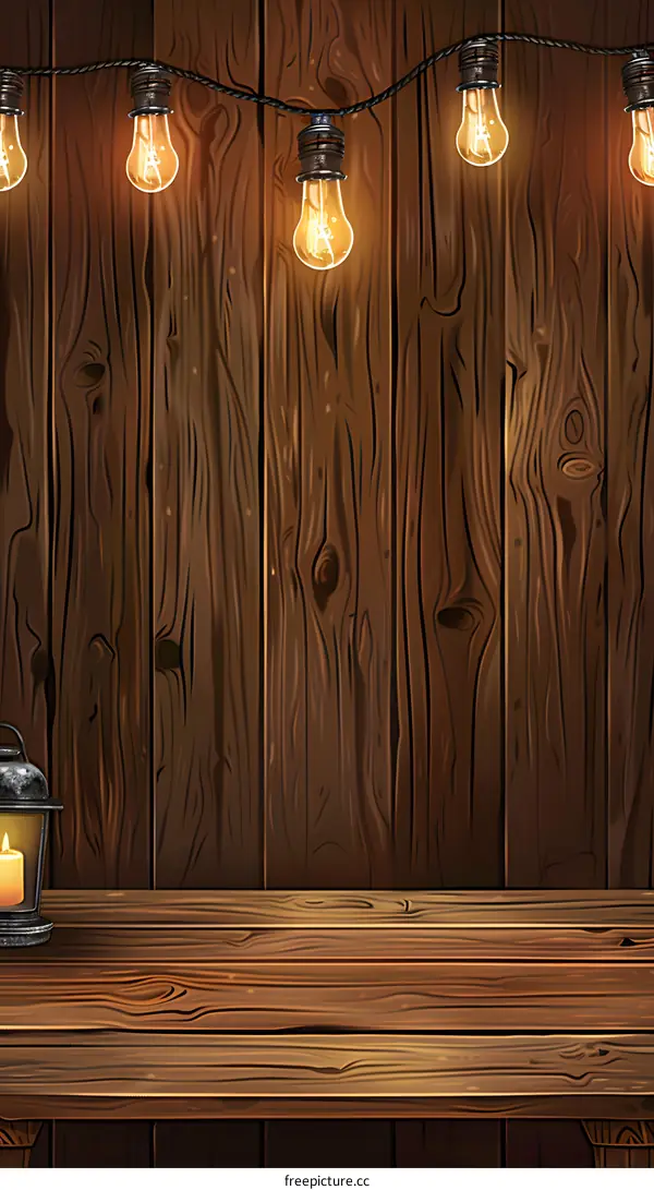 Wooden Background With String Lights And Candle Lantern