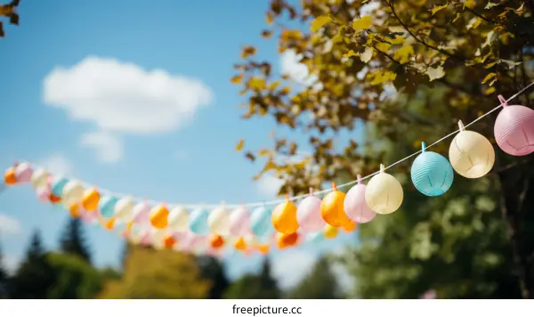 Colorful paper lanterns hanging from a tree