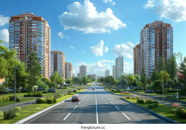 Modern Urban Cityscape Illustration with High-Rise Buildings