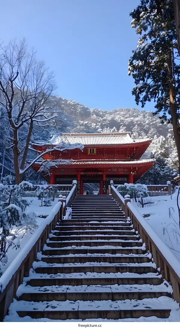 Snowy Steps Leading to a Red Pagoda in Mountains